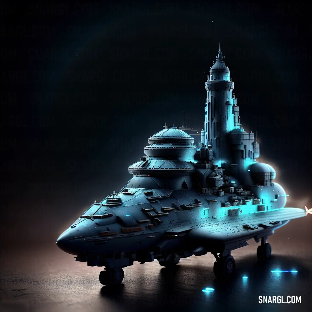 Futuristic ship with a tower on top of it in the dark night time with a light shining on it