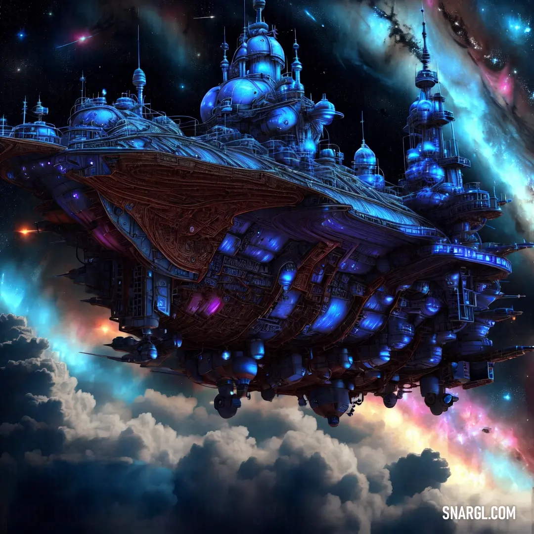Futuristic space ship floating in the sky with a rainbow colored background and clouds surrounding it and a star filled sky