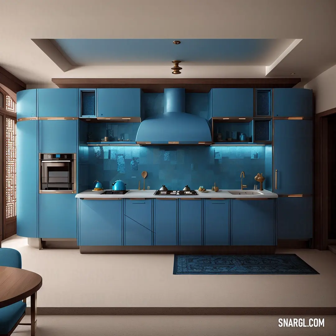 Kitchen with blue cabinets and a blue rug on the floor and a blue oven and microwave on the wall. Color Air Force blue.