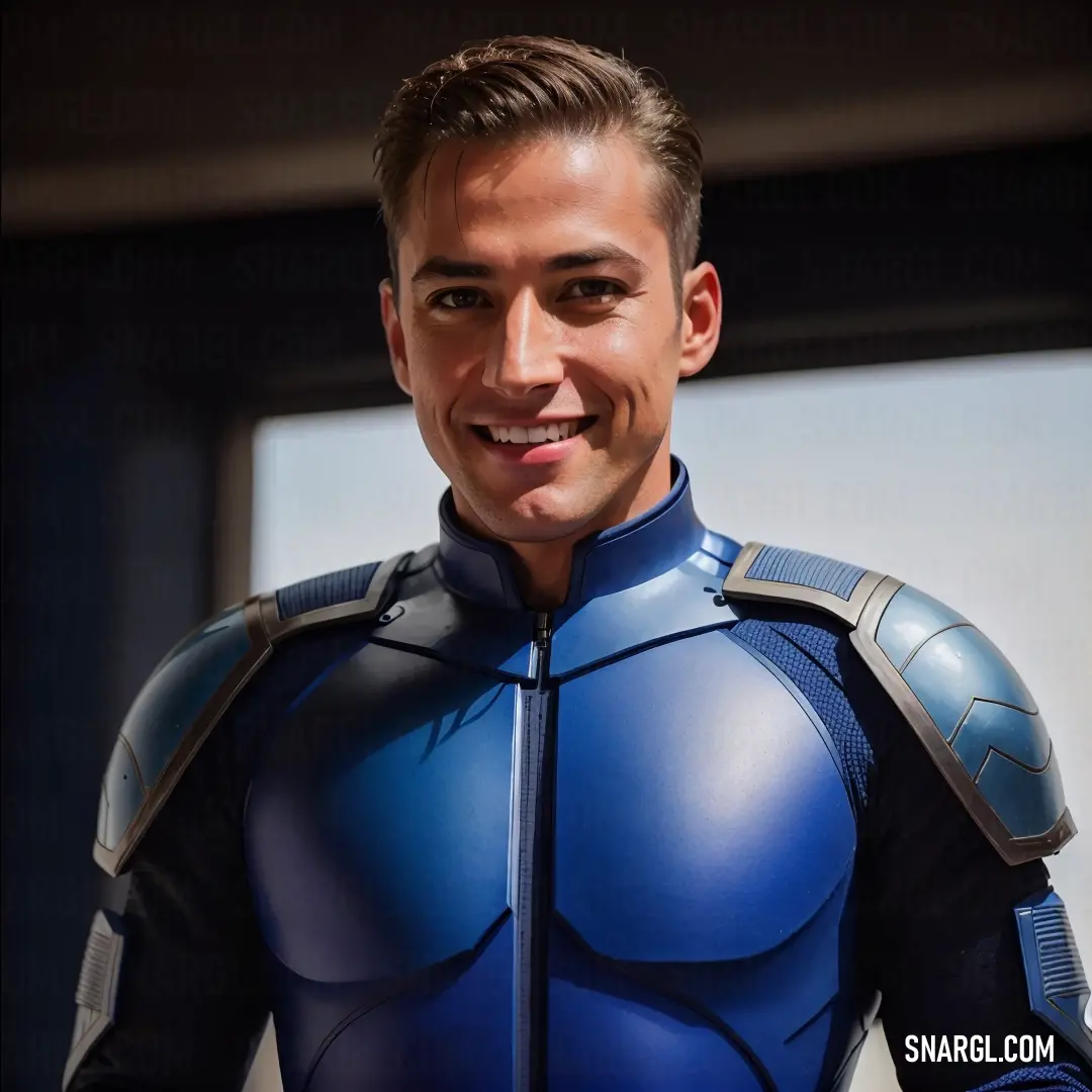 Man in a blue suit with a helmet and a smile on his face and chest