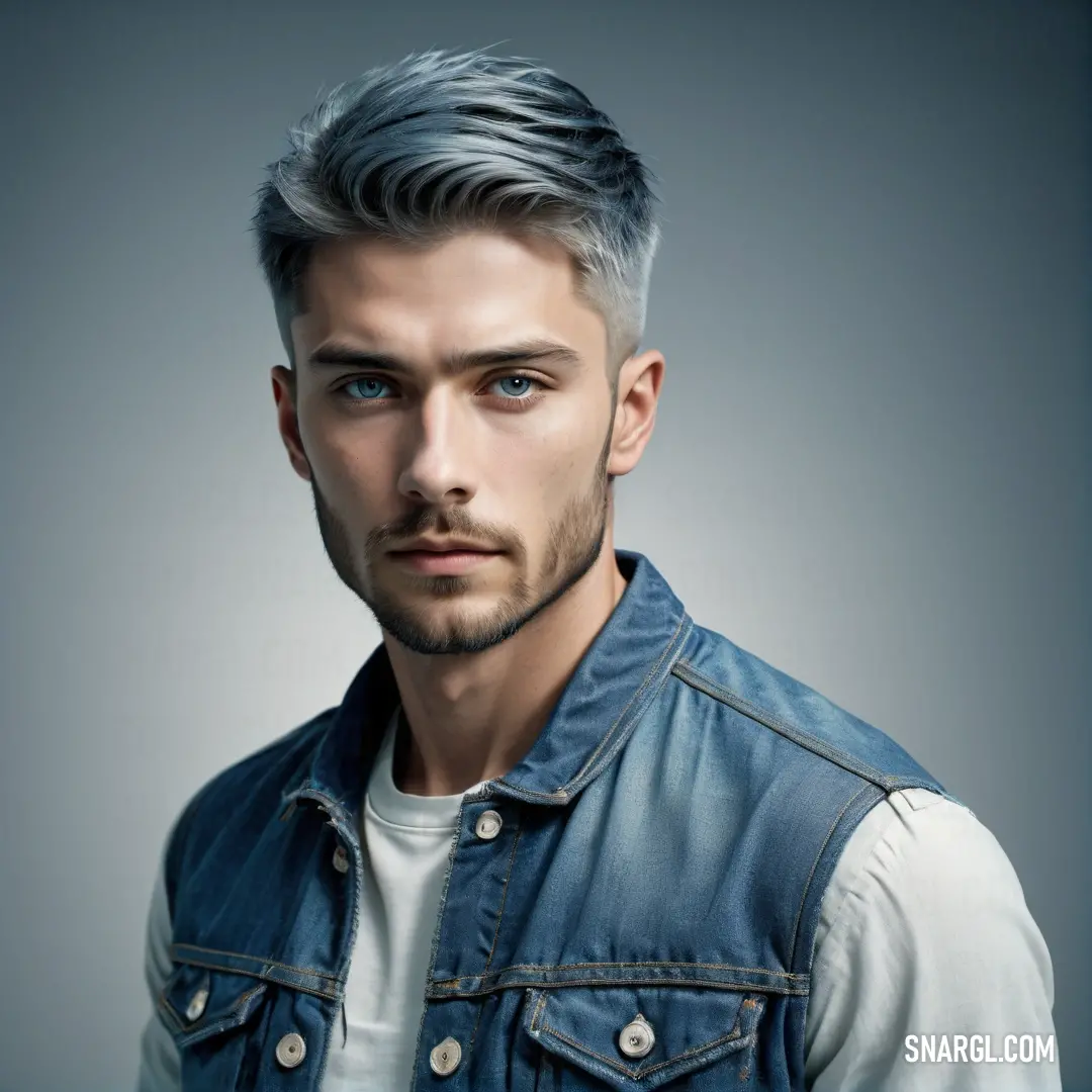 Man with a short haircut and a denim vest on. Example of #5D8AA8 color.