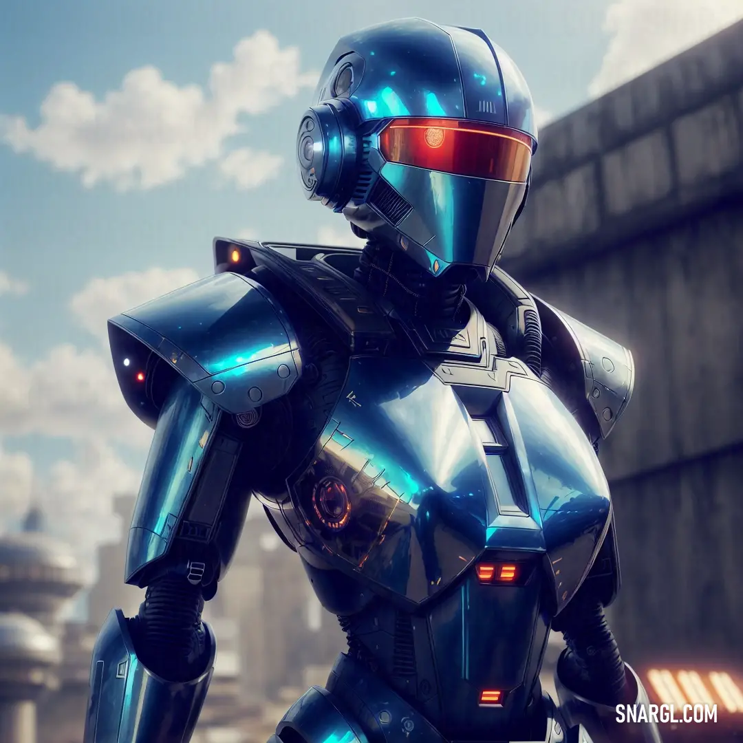 Robot standing in front of a city with a sky background
