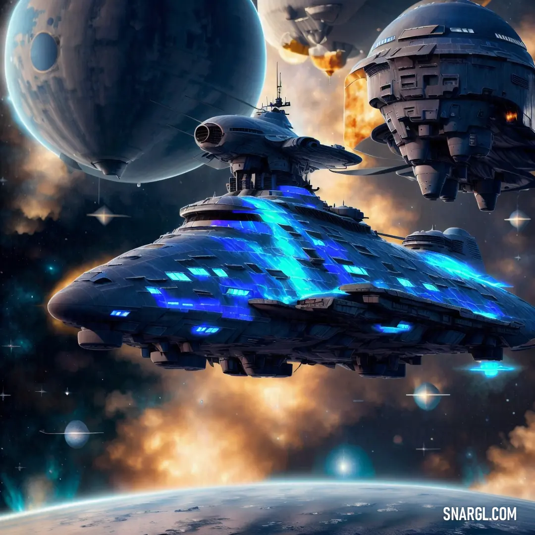 Space ship flying over a planet in the sky with a rocket in the background and a space station in the foreground