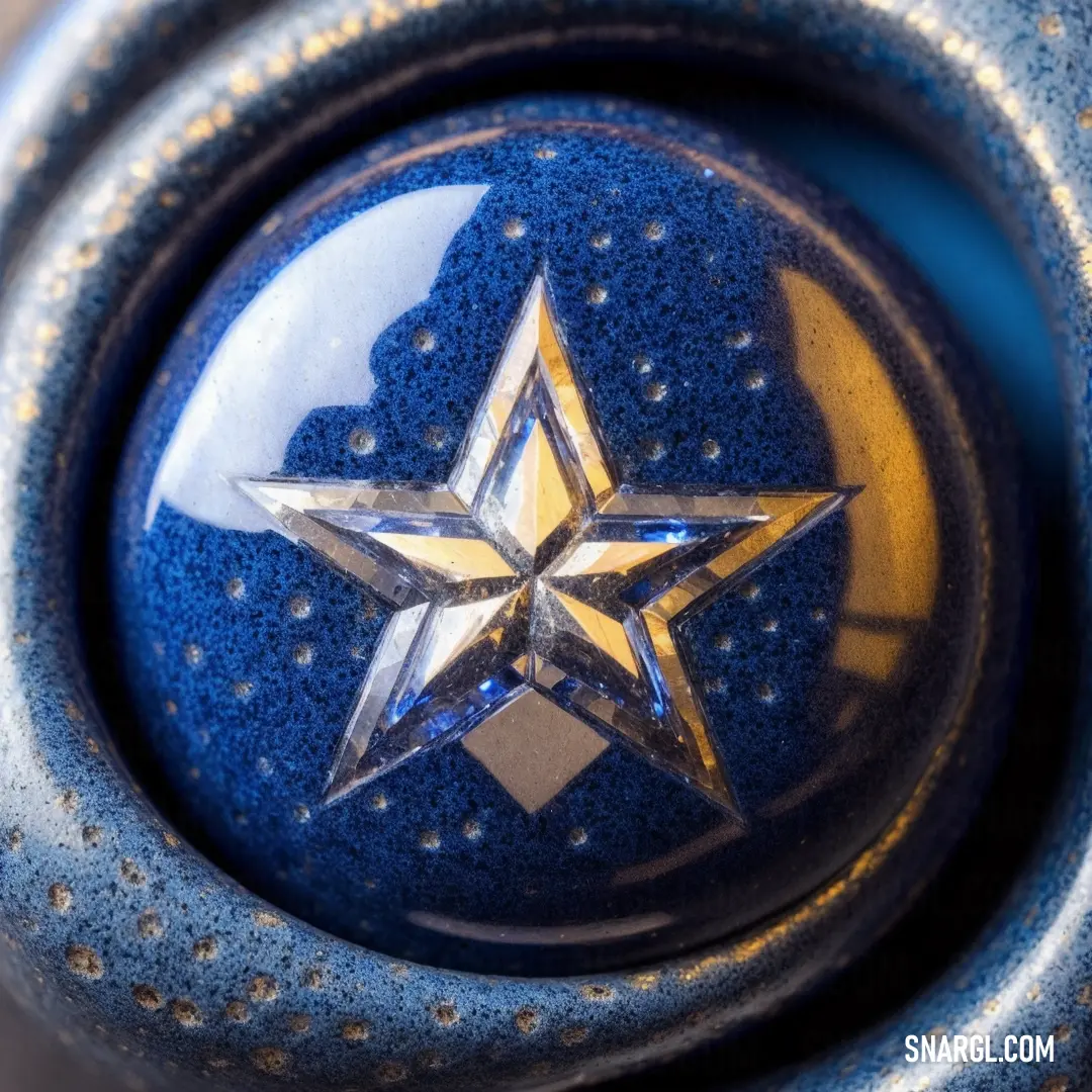 Star is on the center of a blue object with gold accents and a blue background