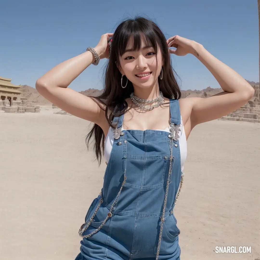 Woman in overalls posing for a picture in the desert with a palm tree in the background