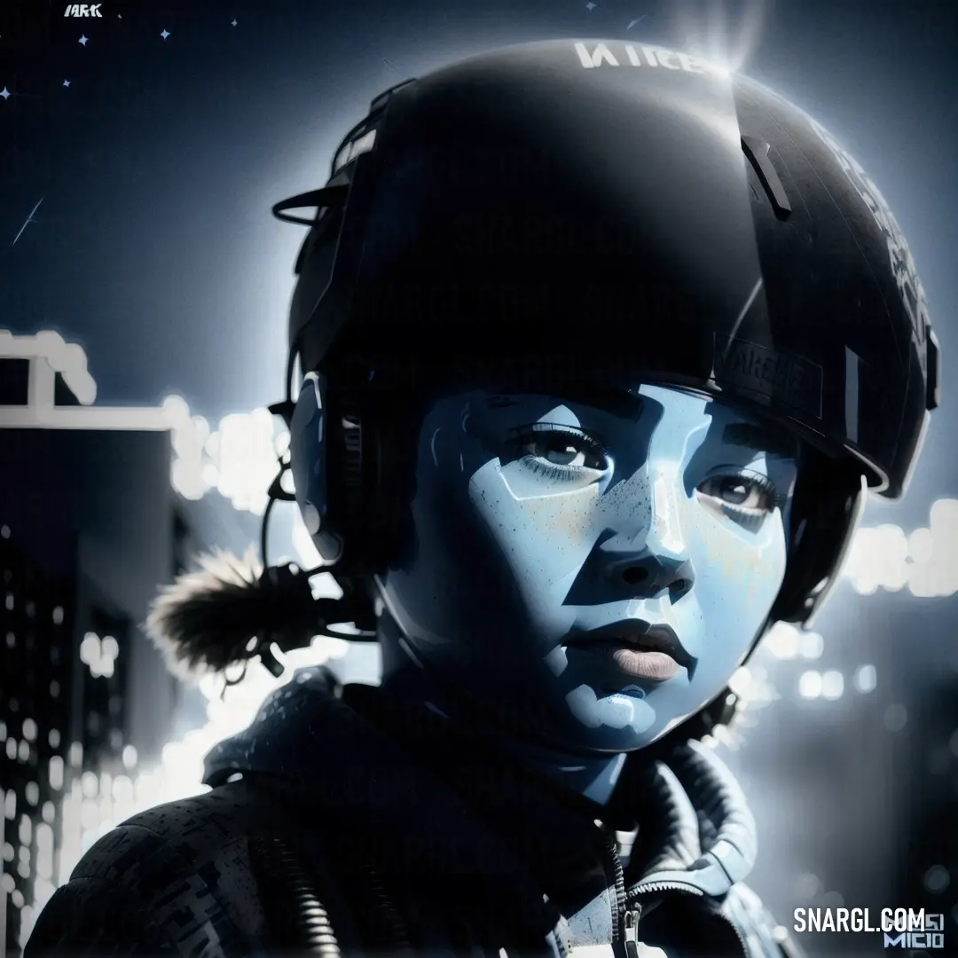Woman with a helmet and goggles on her face is staring at the camera with a city in the background