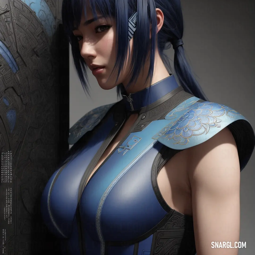 Woman with blue hair and a blue outfit is standing in front of a wall with a futuristic design