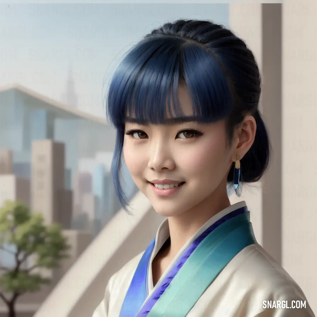 Woman with blue hair and a white shirt and a blue tie and earrings and a cityscape