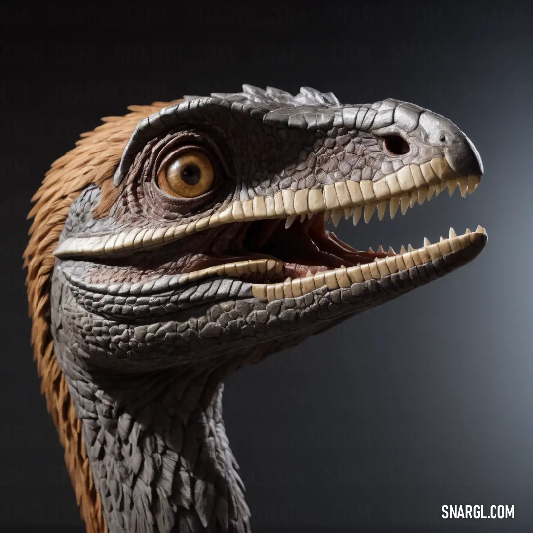 Close up of a dinosaur's head with a black background