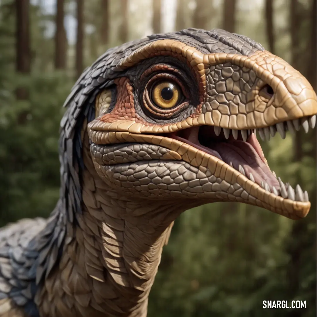 Close up of a fake Airacoraptor in a forest setting with trees in the background