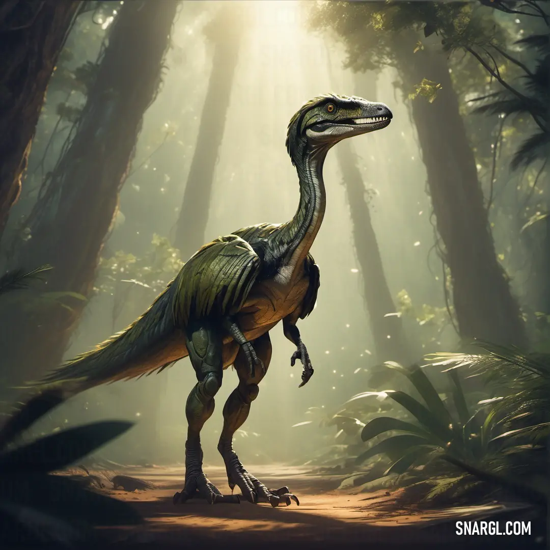 Airacoraptor in a forest with a light shining through the trees and leaves on the ground