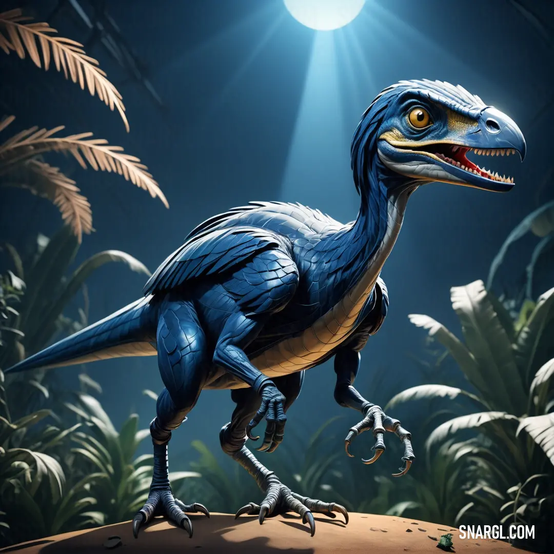 Airacoraptor is walking in the jungle at night time with a bright light shining on it's face