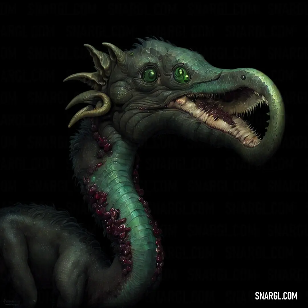 Green and black dragon with its mouth open and green eyes and a black background