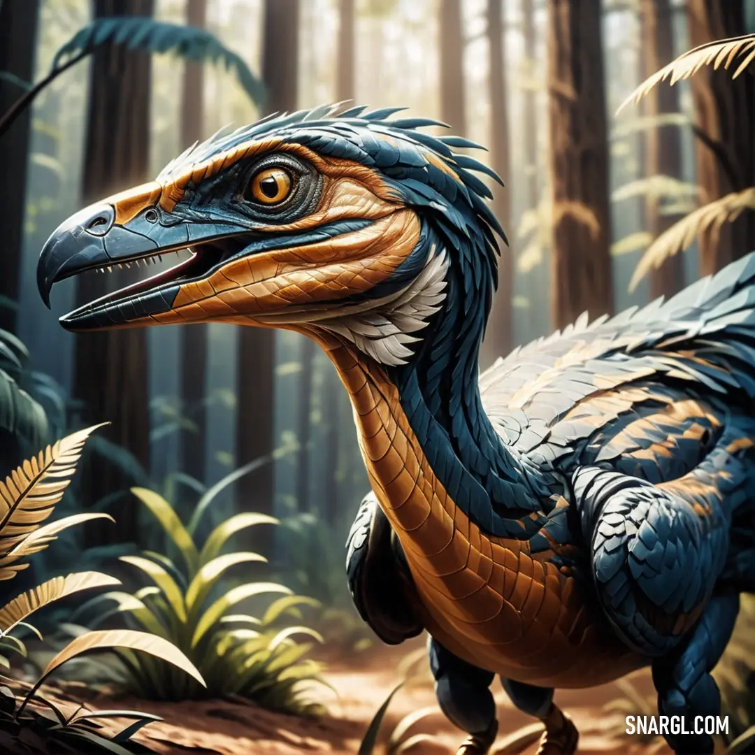 Large Airacoraptor with a long neck and a long neck standing in a forest with trees and plants on the ground
