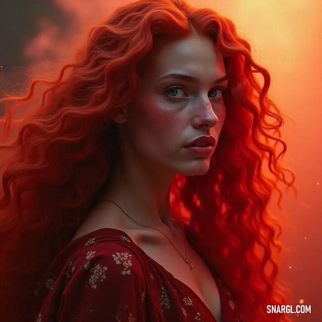 An alluring young woman dressed in a vivid red gown, with glowing red light accentuating her beauty, captivates all with her fierce gaze and radiant charm. A radiant figure with flowing red hair in a striking red dress gazes confidently at the camera, illuminated by a soft red light, embodying passion and vibrancy.