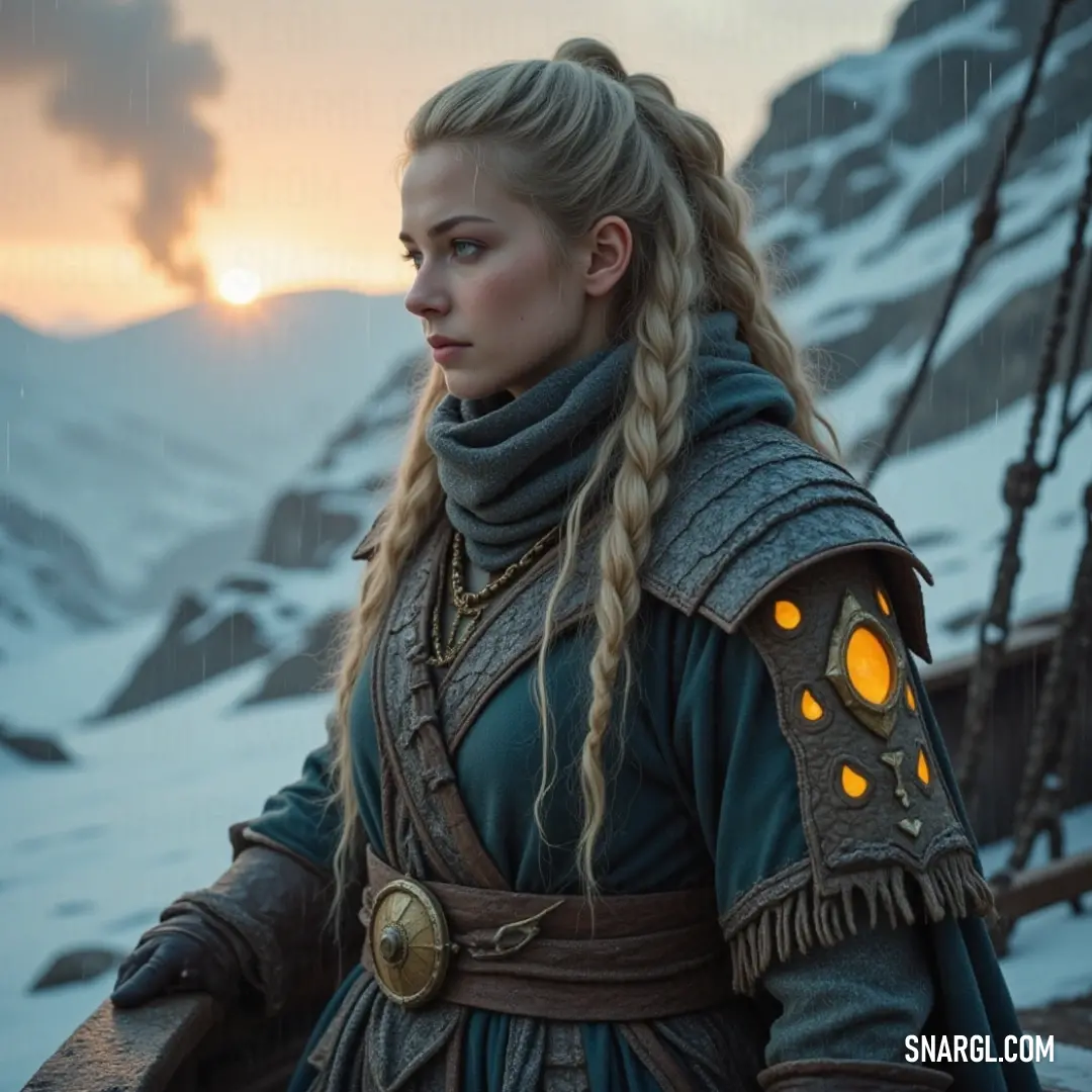A mystical figure stands elegantly on a snow-covered boat, draped in a flowing long dress, with an otherworldly glow emanating from her eye, and a shimmering chain around her neck that hints at hidden secrets.