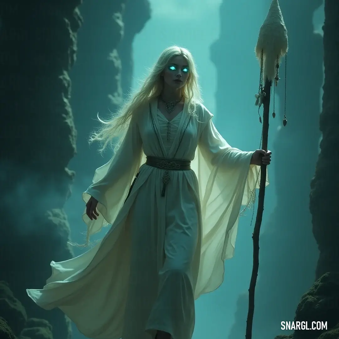 In a mystical cave, Aisling captivates with her radiant white dress, a striking giant white bird gracefully balanced on her head, symbolizing a profound bond between the two realms. Aisling, adorned in a luminous white dress, stands in a shadowy cave, a majestic giant white bird perched atop her head, embodying the harmony between humanity and nature's wonders.