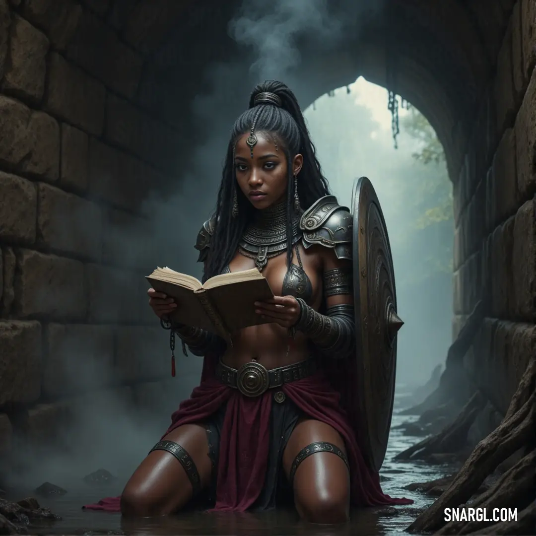 Aja reading a book on a stone wall, fire emerging from her mouth in a fantastical setting. Aja sits upon a stone wall, engrossed in a book, while fire bursts from her mouth, lighting the surroundings. The fantastical scene is set against a backdrop of darkened skies, hinting at magic and adventure beyond the pages she holds.