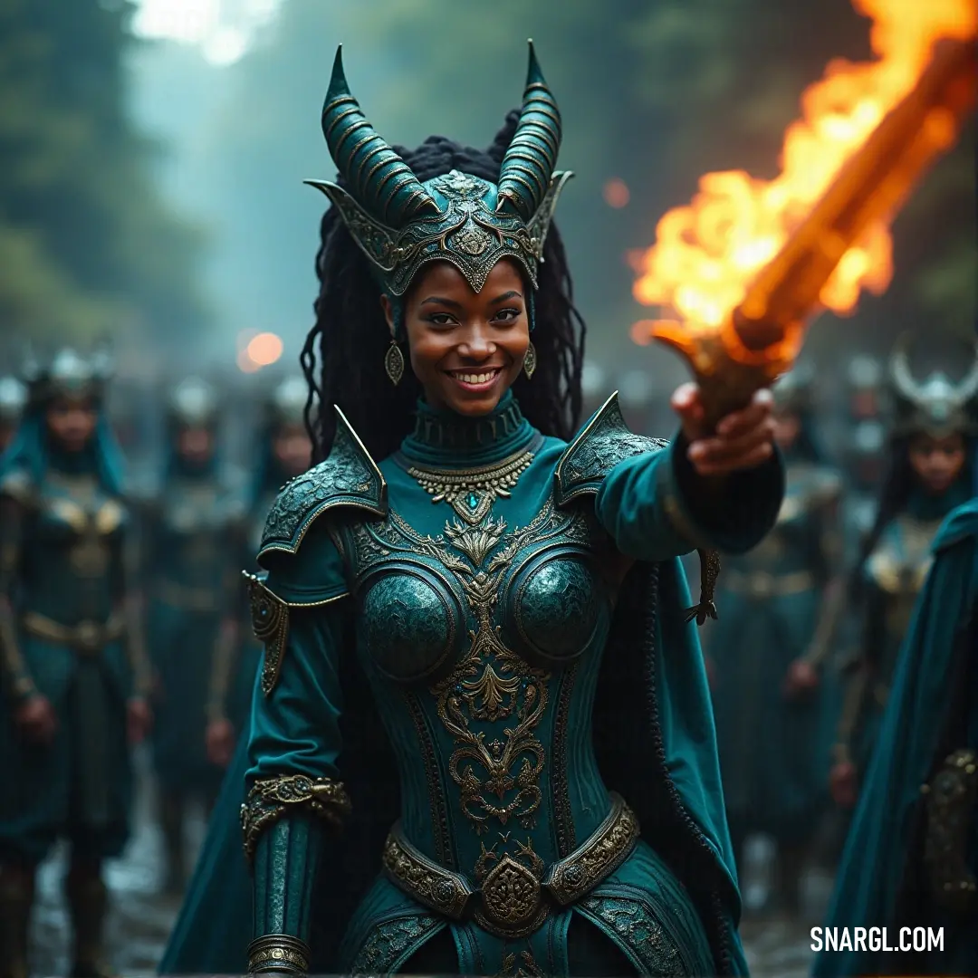 A person dressed in colorful clothing, sword in hand, smiles broadly at the camera, surrounded by a festive crowd, embodying the spirit of joy. A joyful figure in vibrant attire, holding a sword confidently, smiles at the camera as the lively background buzzes with excitement, capturing a moment of fun and celebration.