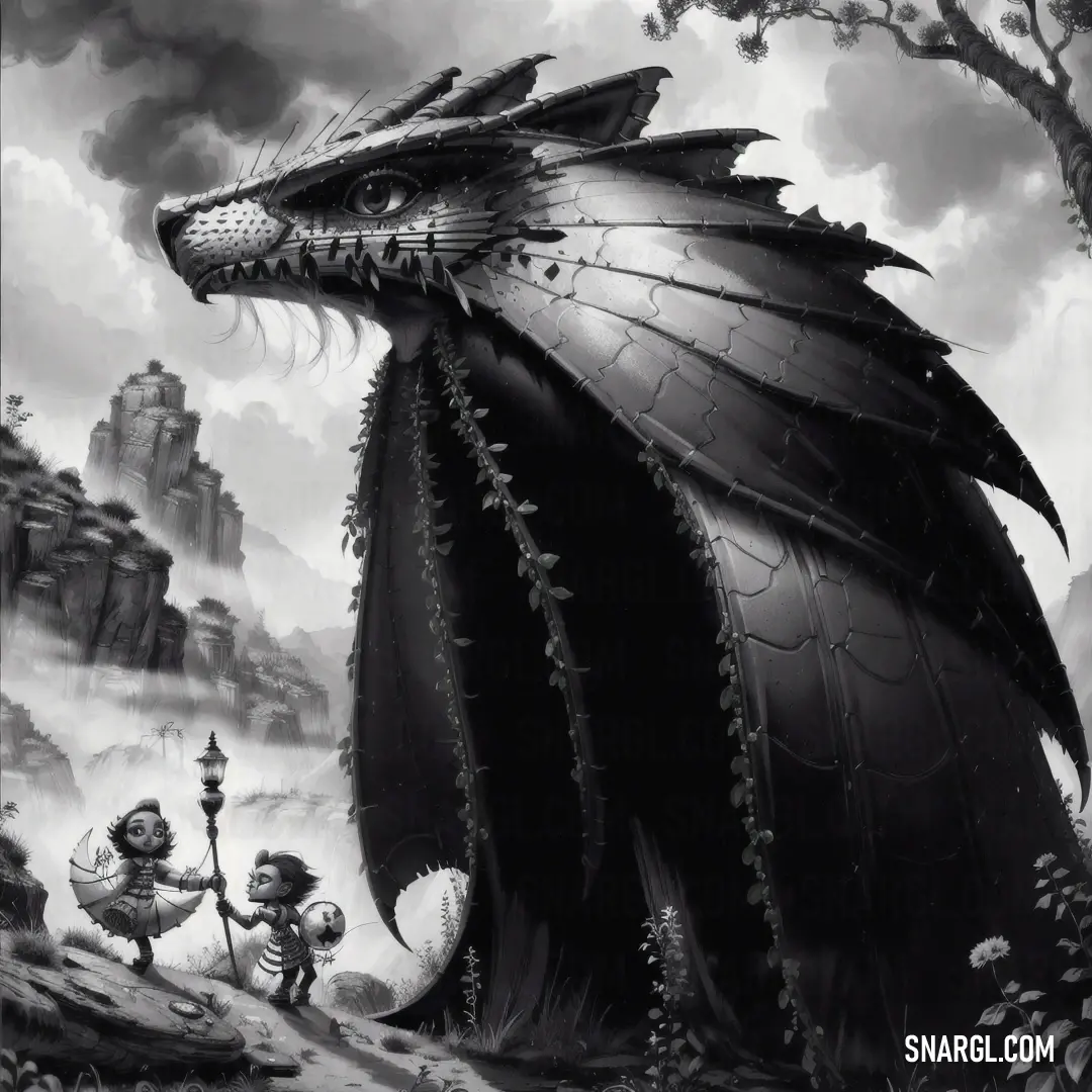 Black and white photo of a dragon and a man in a suit and tie with a sword in his hand