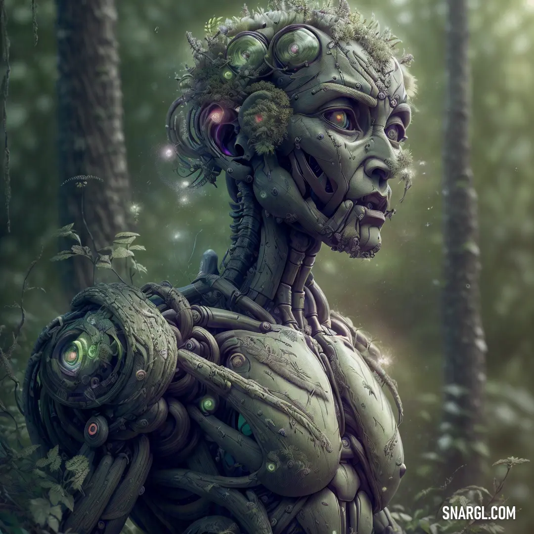 Humanoid in a forest with a green light coming from its eyes and head