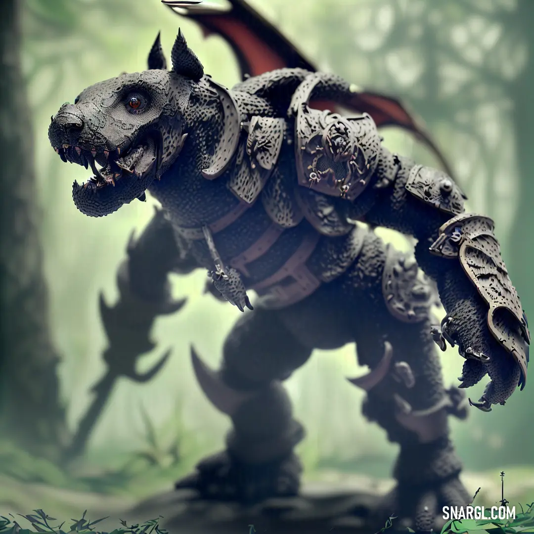 Miniature model of a creature in a forest setting with a sword in its mouth