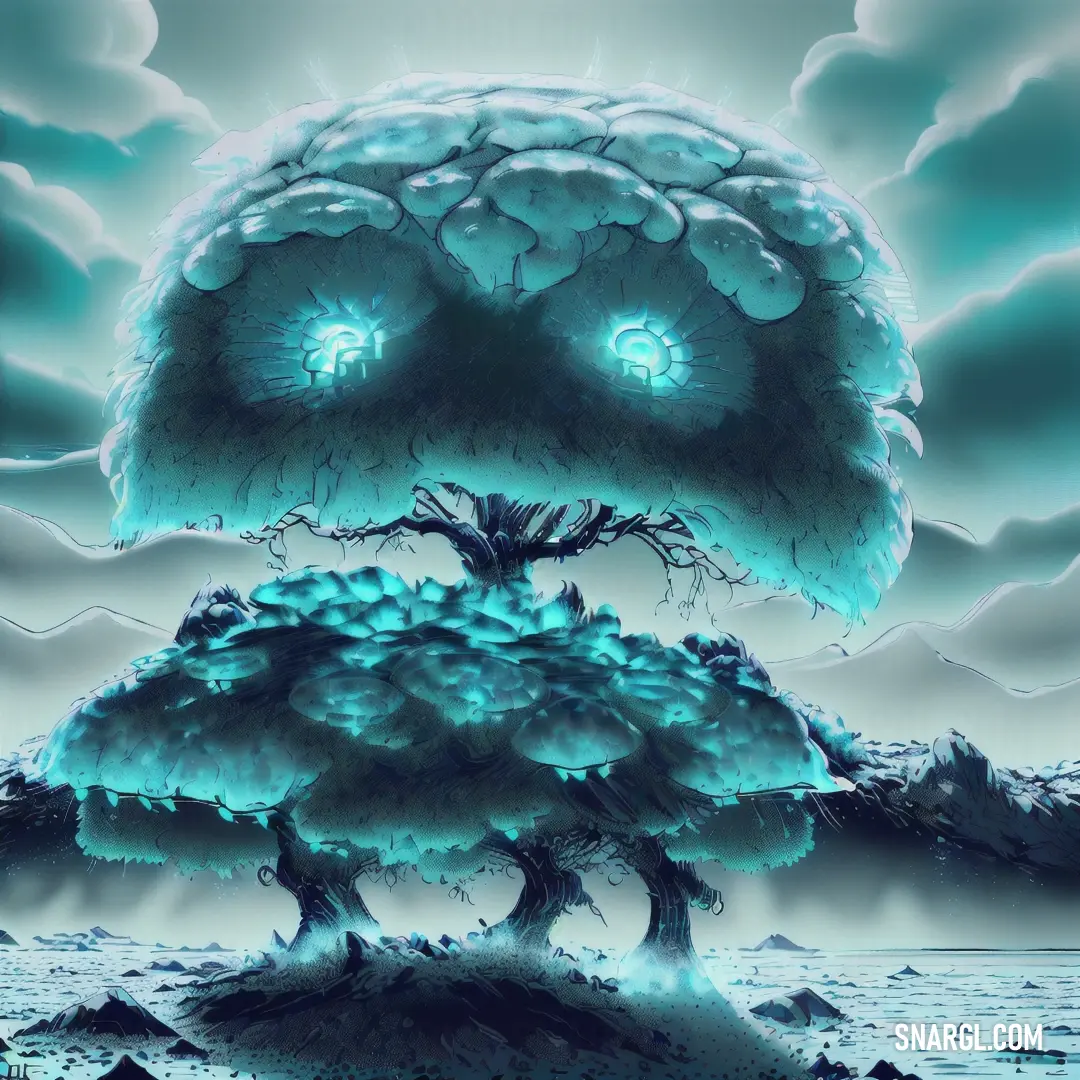 Tree with glowing eyes in a surreal landscape with a sky background