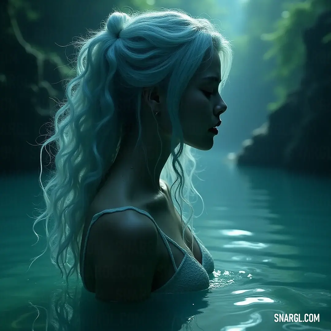 A serene figure with long hair amidst a tranquil waterfall setting, embodying grace and beauty in nature. A graceful figure with long hair stands in the shimmering water, framed by a majestic waterfall cascading behind her, creating a serene landscape that captivates the viewer's imagination.