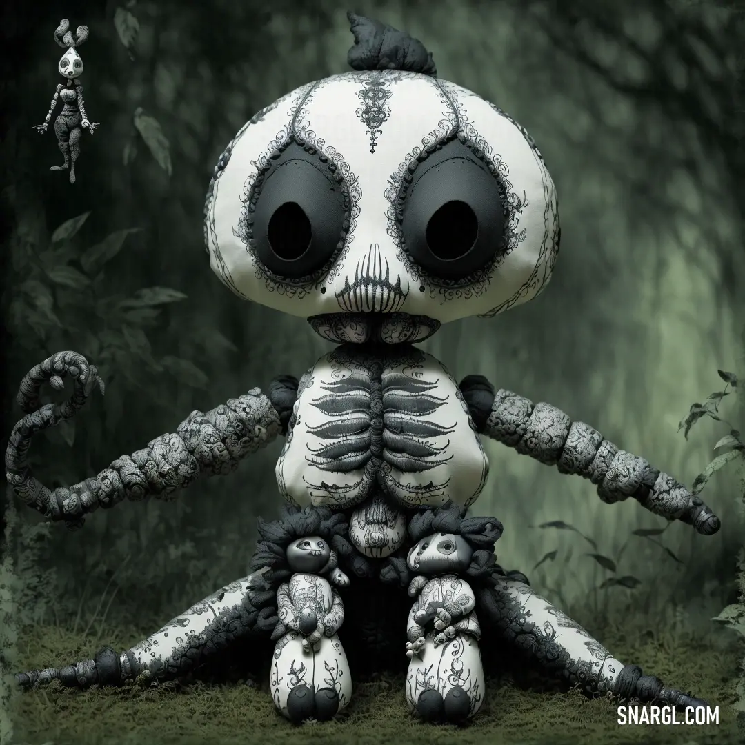 Skeleton doll in a forest with a creepy look on its face and legs
