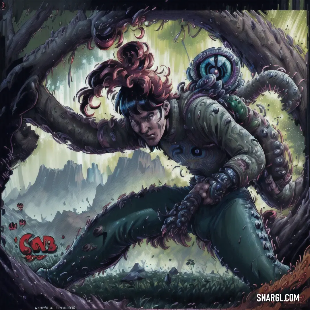 Woman with red hair and a green outfit is in a tree with a snake crawling on her back