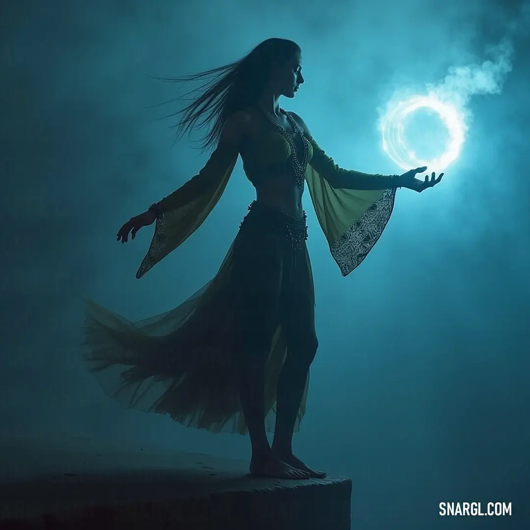 Radiating poise, Akasha in her elegant long dress captivates with a glowing orb above her hands, surrounded by the swirling elegance of her skirt, embodying the sublime beauty of light and grace. In a shimmering long dress, Akasha gracefully holds a radiant ball aloft, her flowing skirts twinkling like starlight, creating a scene of ethereal beauty that captures the heart's awe.