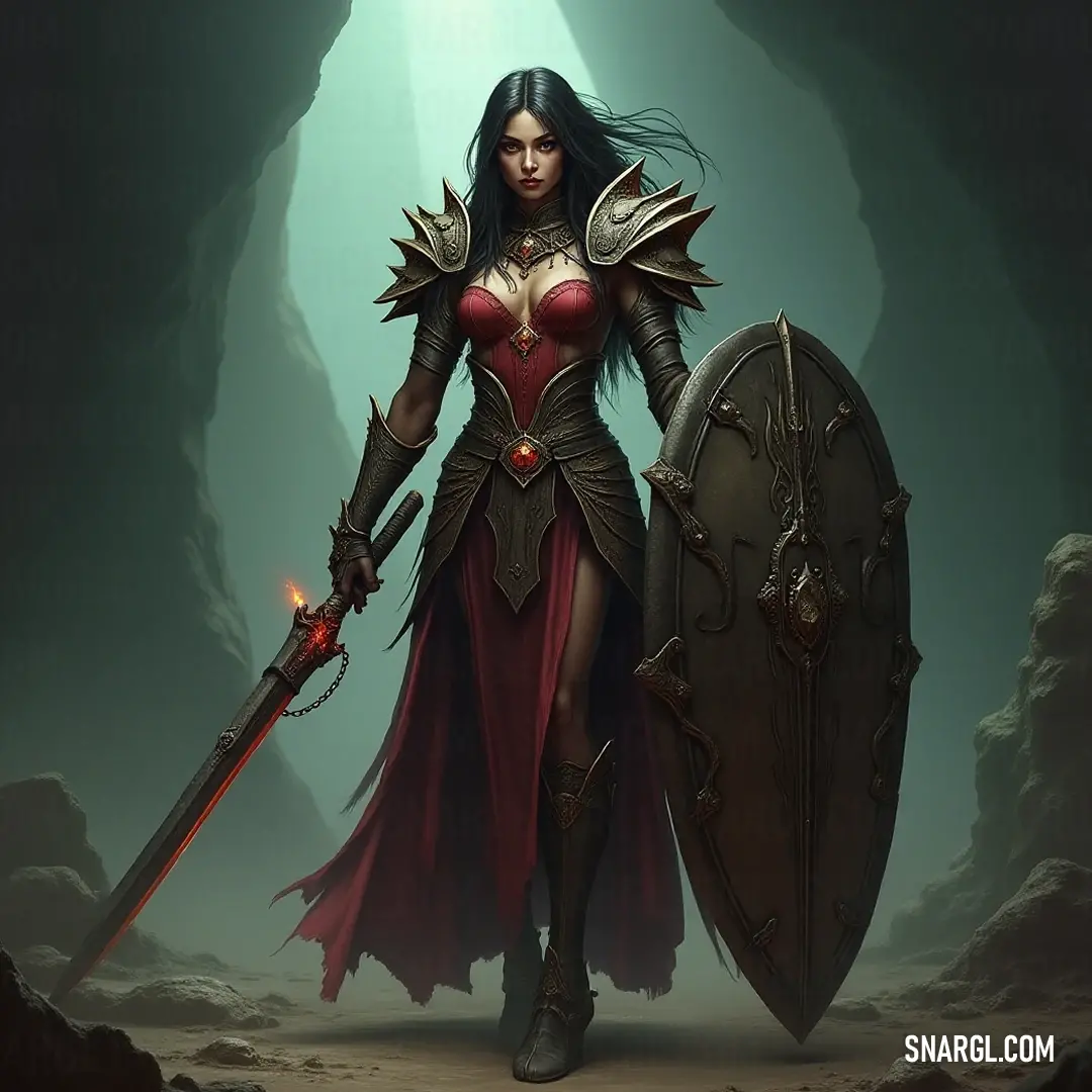 Within a cave bathed in warm light, Akasha stands bravely, her red gown flowing elegantly as she grasps a sword and shield, a formidable protector against the encroaching shadows of danger. In a softly lit cave, Akasha, dressed in a radiant red gown, holds a sword and shield, her posture fierce yet poised, a guardian ready to protect against any dark presence lurking nearby.
