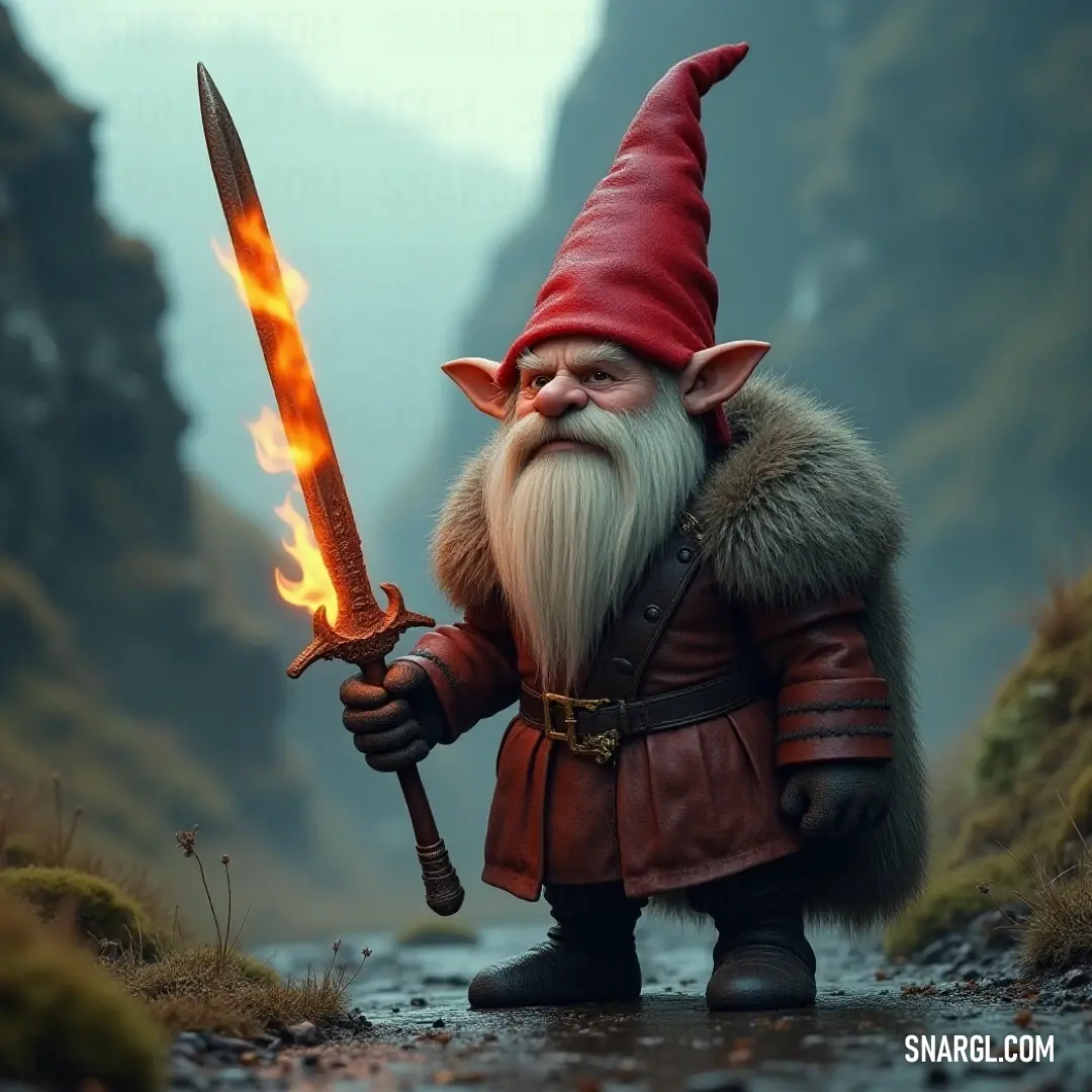 A heroic character wielding a gleaming sword and a flickering flame, confidently standing on a mountain trail that winds between steep, majestic peaks.