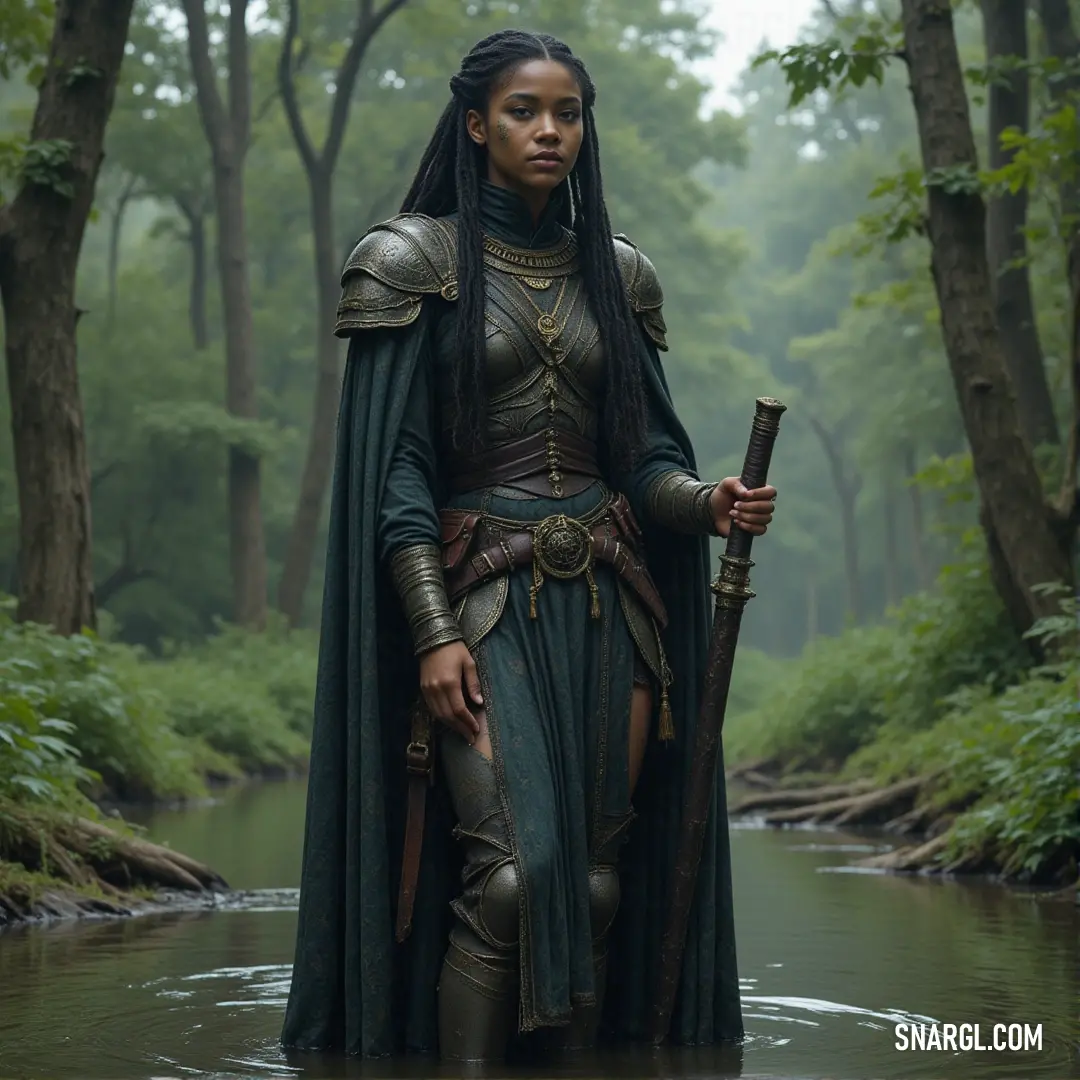 A person in an elaborate costume, standing strong in a river, sword in hand, with determination in their eyes and the river flowing around them. A powerful figure dressed in an intricate costume, standing in a flowing river while holding a sword with both hands, ready for any challenge that lies ahead.