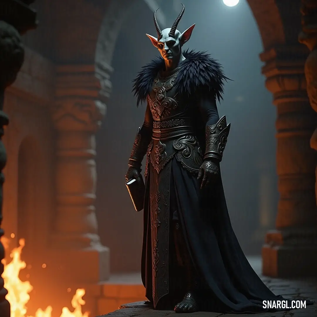 Akmenos, wearing his demonic mask, stands tall before a fire pit, exuding an aura of dark power and mystery, a figure bound to ancient rituals and fiery destinies. Akmenos, cloaked in a dark, mysterious costume, stands before a blazing fire pit. His demonic mask looms large over his face, adding to the fiery intensity of the moment in this ominous, ritualistic scene.