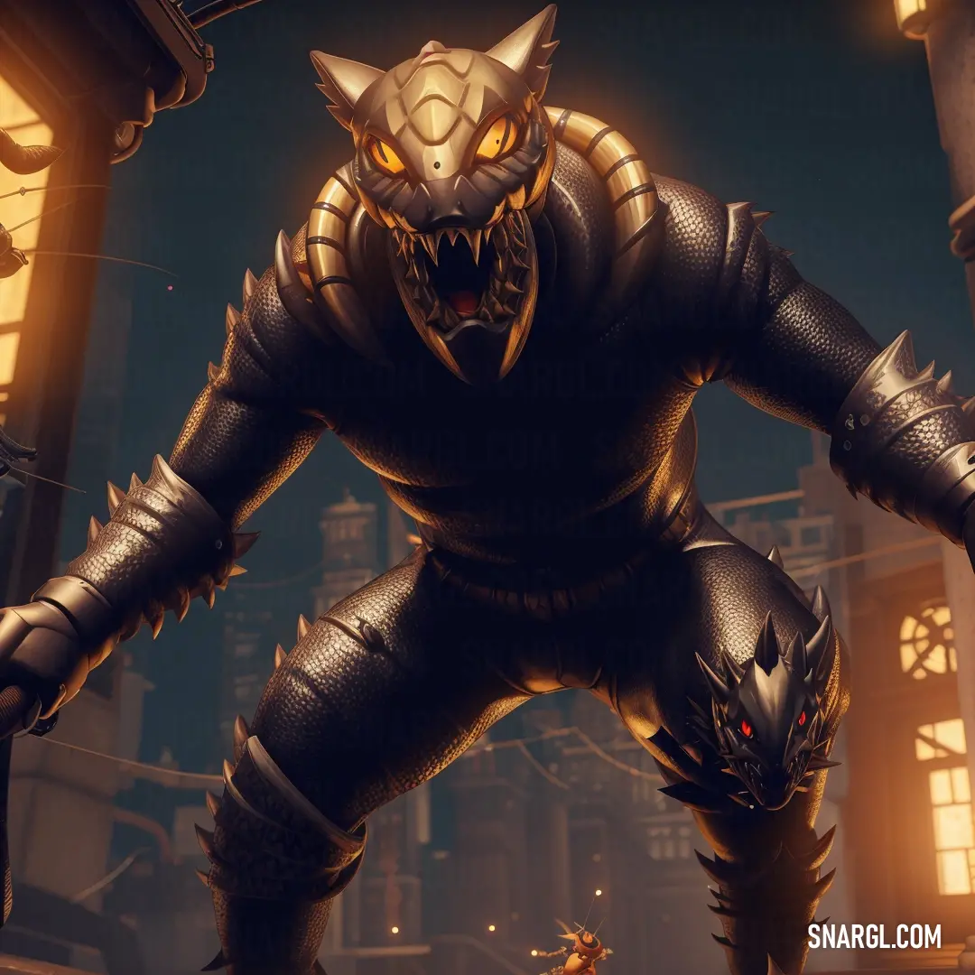 Character in a video game with a large demon face and a large body of armor on his body