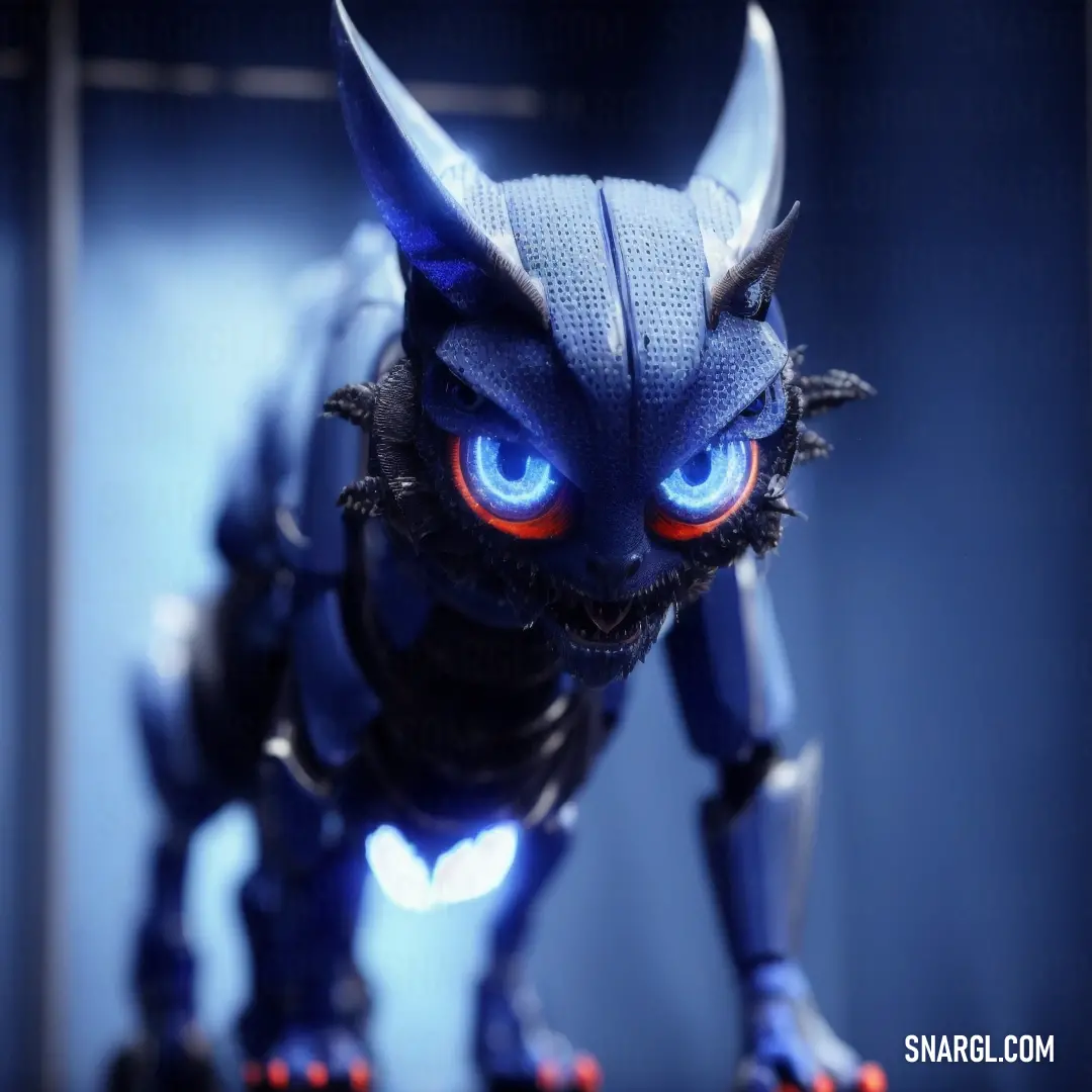 Toy figure of a demon with blue eyes and horns on it's head and body