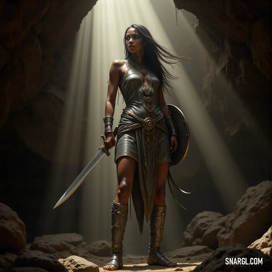 A warrior in a costume, shield and sword in hand, standing strong in a cave with light streaming through. A determined warrior in a battle-ready costume, holding a sword and shield as sunlight breaks through a narrow cave entrance. The interplay of light and shadow casts a mystical aura over the scene.