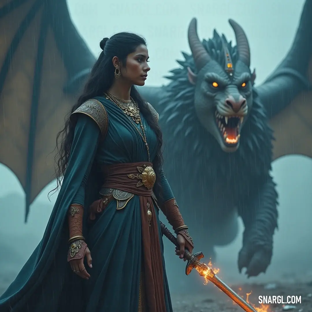 A striking figure clad in royal blue holds a sword with unwavering determination, standing beside a fantastical dragon with elongated features and fierce determination. The scene is a blend of mythical intrigue and battle readiness, evoking an air of adve