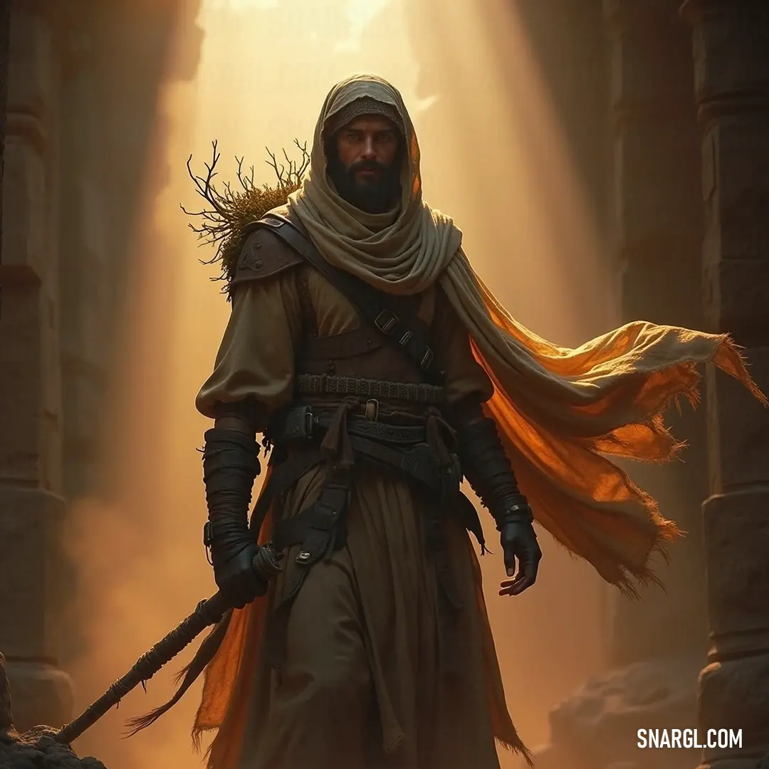 Basking in a mystical light, a warrior clad in desert garb brandishes a sword, embodying valor and readiness as he stands on the threshold of an enchanting landscape filled with secrets and potential adventures. Draped in a traditional desert outfit, a brave warrior stands poised with a drawn sword, illuminated by a magical light penetrating the dense foliage behind him, suggesting a hidden world of mystery and adventure awaits.