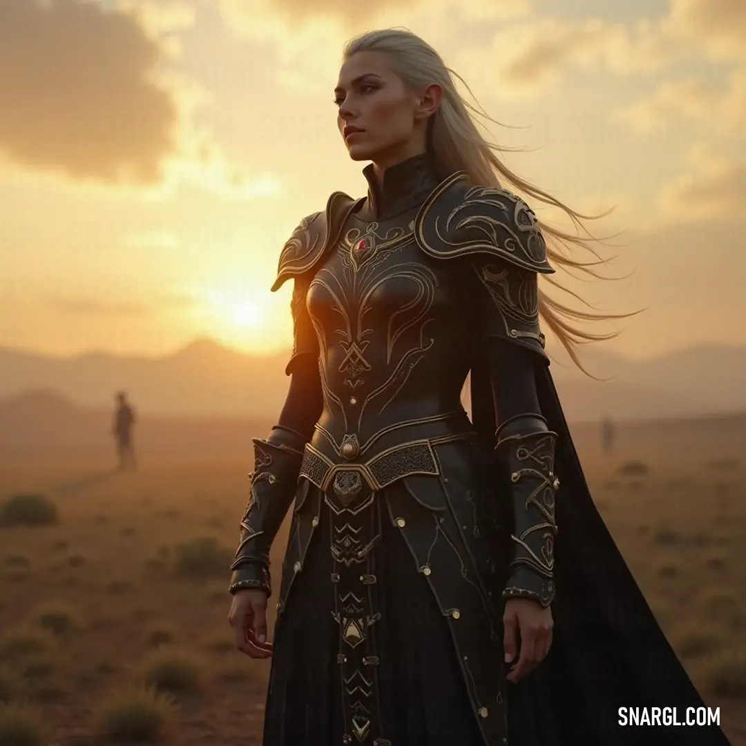 An enchanting silhouette of a woman draped in black contrasts with the warm hues of a desert sunset, creating an evocative moment filled with intrigue as a lone man watches from afar. A striking figure clad in a form-fitting black dress stands confidently against a breathtaking desert sunset, shadows stretching behind her as a distant silhouette of a man adds mystery to the captivating atmosphere.