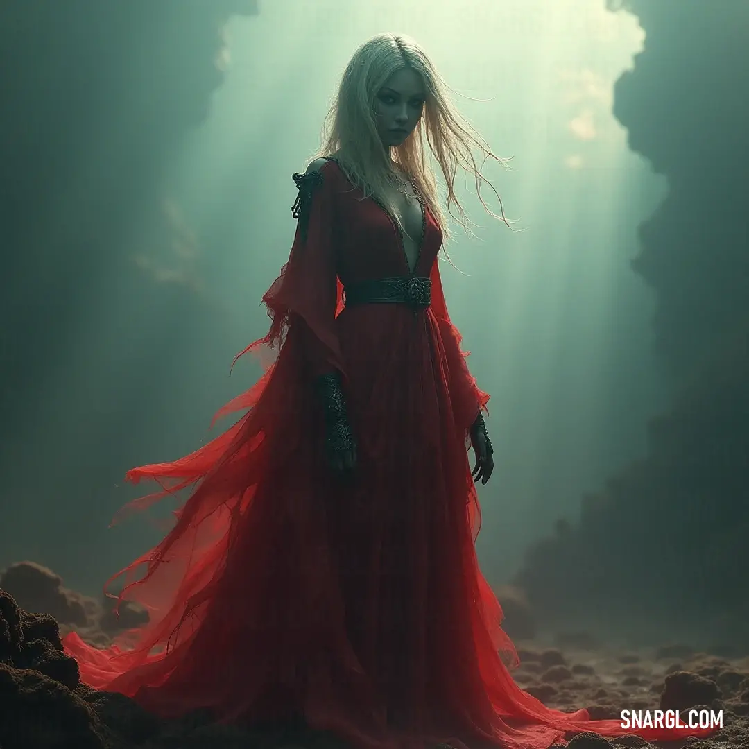 Amidst the enchanting shadows of a dark forest, a radiant figure in a flowing red dress stands poised, bathed in sunlight that filters through the canopy, a striking interplay of light and beauty. In a mystical forest, a vibrant figure in a flowing red dress stands amid dappled sunlight breaking through the clouds, her hair illuminated, creating a stunning tableau of light and nature.