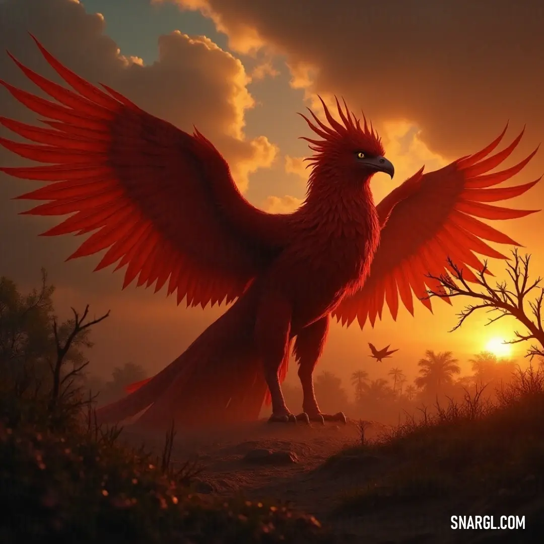 The stunning Red Al'ar unfurls its magnificent wings at sunset, accompanied by another Al'ar soaring through the vibrant sky, creating a scene of pure freedom. With its vibrant wings spread wide against the fiery hues of a sunset, the majestic Red Al'ar commands attention, while another Al'ar gracefully soars above, painting a breathtaking scene of beauty and freedom in the twilight sky.