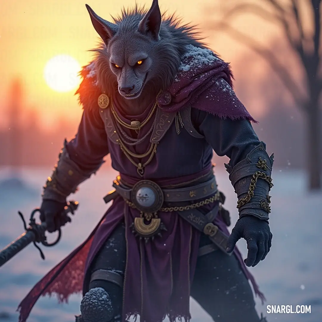 An Alaric-like warrior stands in a snowy landscape at sunset or dawn, sword in hand, ready for battle. An Alaric-like warrior stands against the backdrop of a snowy landscape, sword raised high. The warm glow of the setting or rising sun contrasts sharply with the cold, making him a lone figure in the wintery expanse.