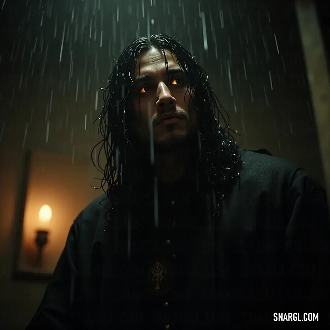 A figure with long hair and a black jacket stands in the rain, illuminated by a warm light behind them. The interplay of shadows and light creates an ethereal scene haunted by an air of mystery and contemplation.