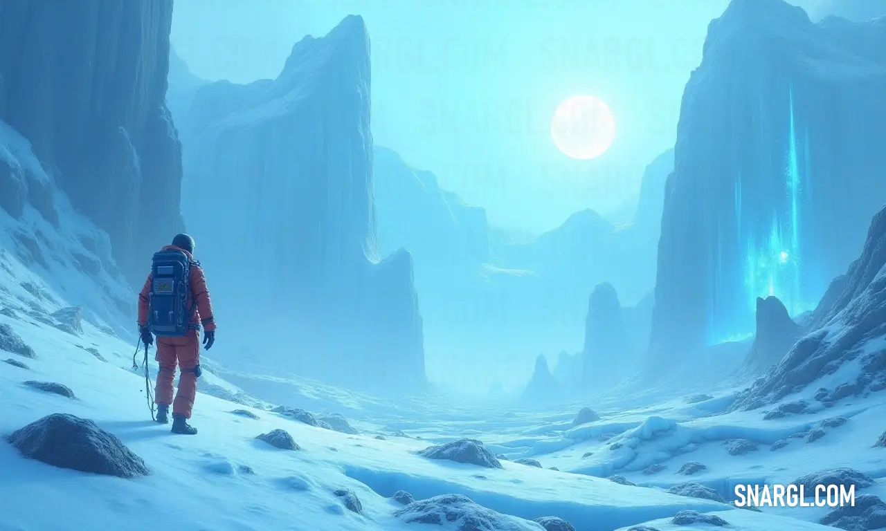 A mysterious traveler in a striking red suit walks through a snowy wilderness, with majestic mountains towering in the background beneath a giant sun. A figure clothed in red traverses a serene, snow-covered landscape, with towering mountains and a colossal sun casting cheerful rays upon the pristine surroundings.