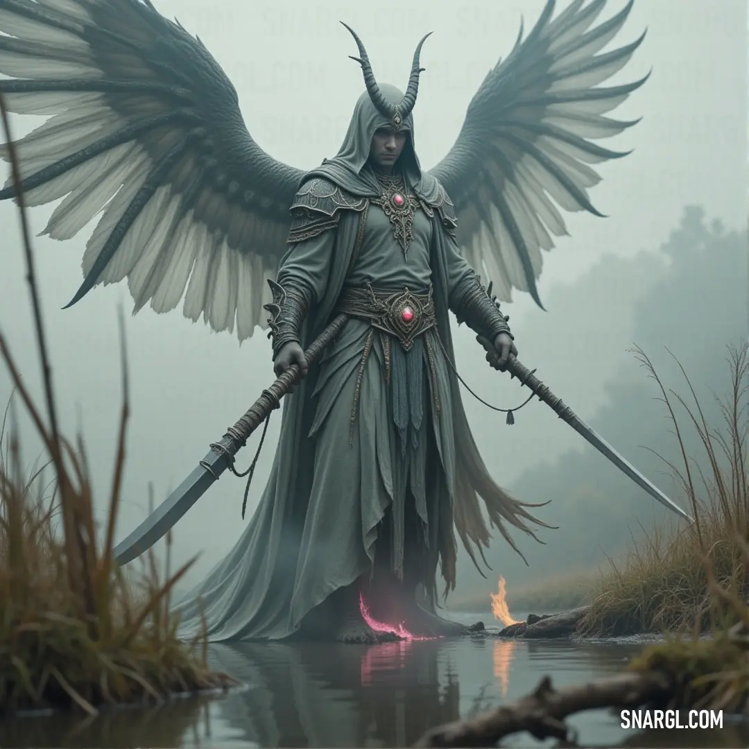 Alariel, with her wings unfurled and sword in hand, stands in a swampy terrain. The flickering fire in the background illuminates her determined expression, adding drama to the mystical scene. Alariel, wings outstretched, holds a sword as she stands in a swampy landscape. The flicker of fire in the background contrasts with the damp surroundings, making her a fierce and captivating presence in the wild.