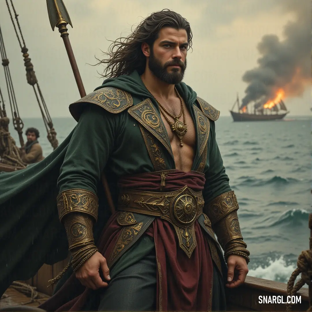 A man in a green outfit stands on a boat in the open ocean, gazing toward the horizon, his figure reflecting the spirit of adventure and exploration. Clad in a green outfit, a man stands on a small boat in the vast ocean, his eyes fixed on the horizon, embodying a sense of adventure and the uncharted mysteries of the sea.