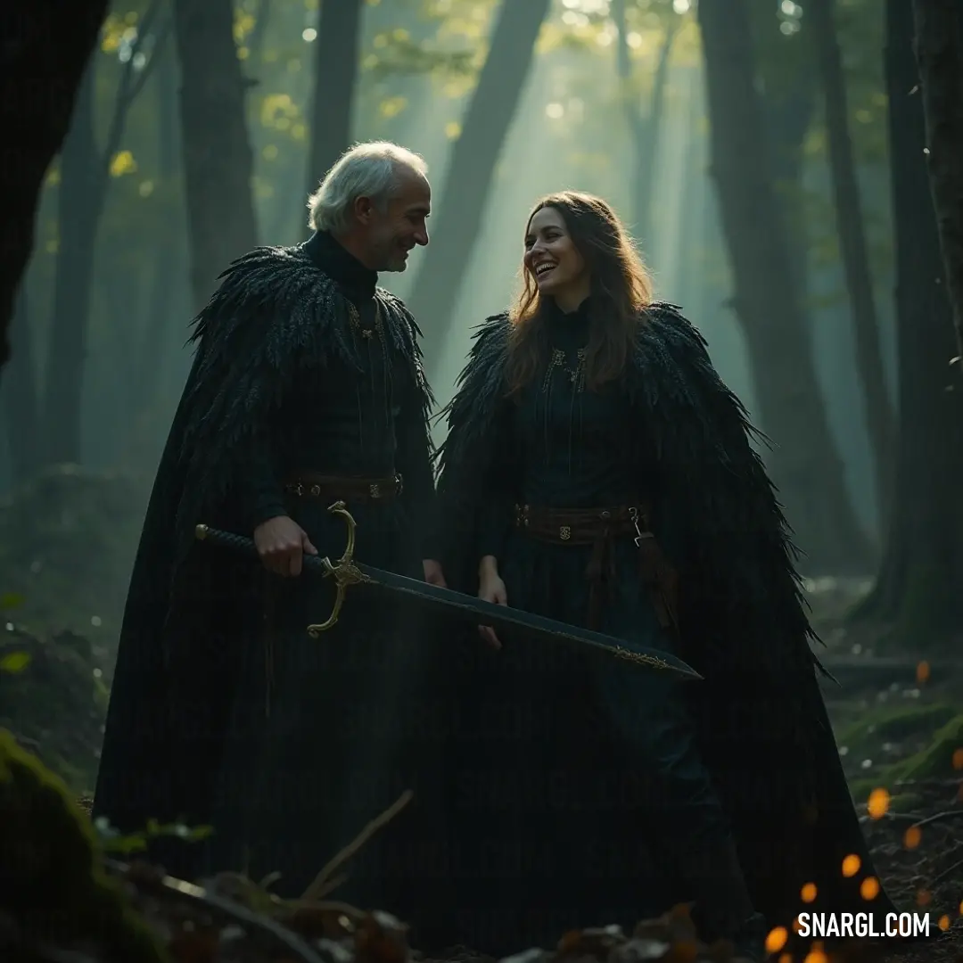 In a mystical forest, two shadowy figures, swords aloft, evoke a sense of valor and unity as they stand bathed in the mystical light filtering through the trees, symbolizing friendship amid adversity. Two enigmatic figures clad in dark garments stand united, swords raised high as rays of penetrating light stream through the forest treetops, casting a surreal ambiance of courage and camaraderie against the hidden dangers swirling in the woods.