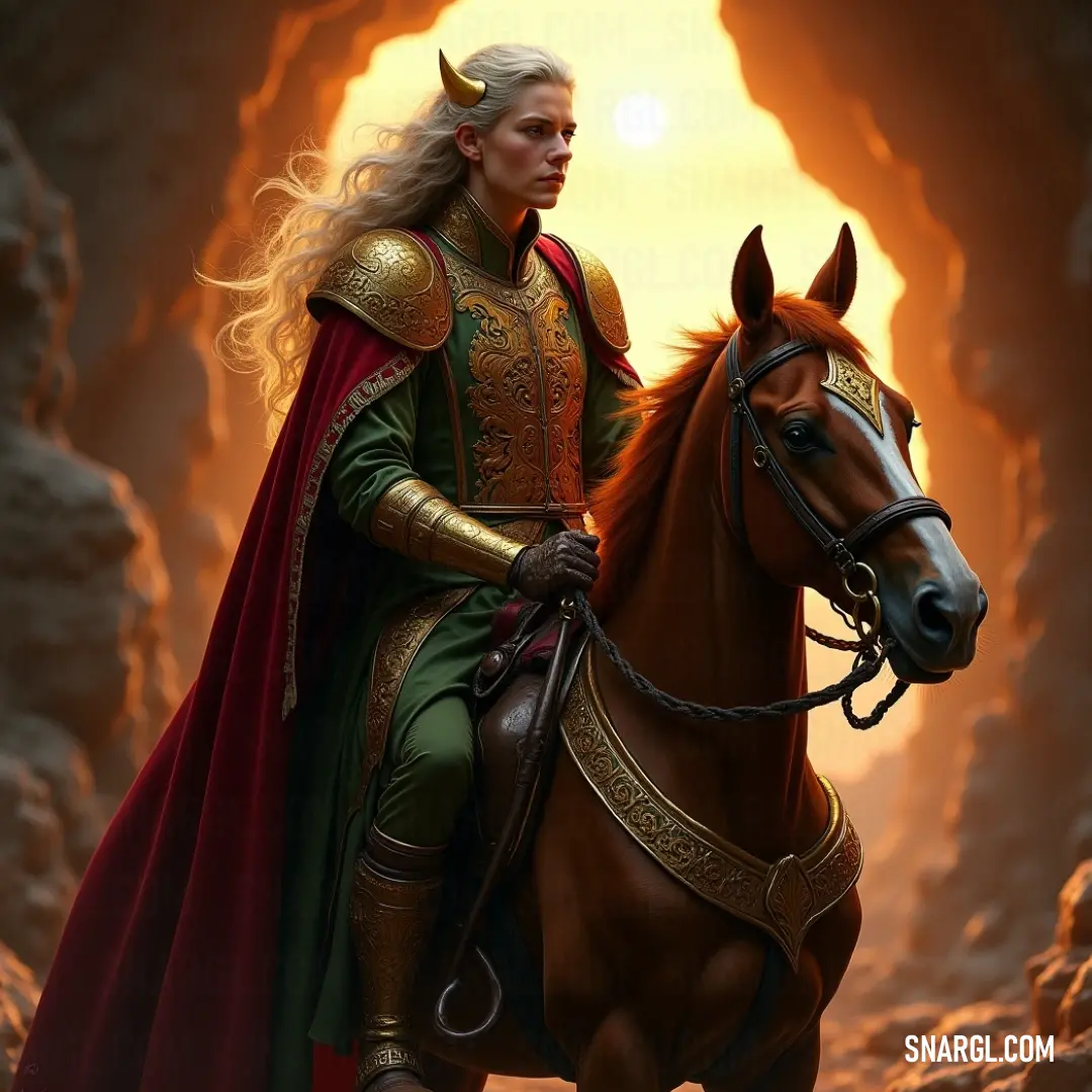 A gallant character rides through a mystical cave, her green attire contrasting with the dark surroundings while her red cape billows gracefully, evoking a sense of adventure and wonder. A heroic figure astride a noble steed within the enchanting confines of a cave, adorned in a flowing green dress, with a striking red cape that billows dramatically as she journeys through the ethereal depths.